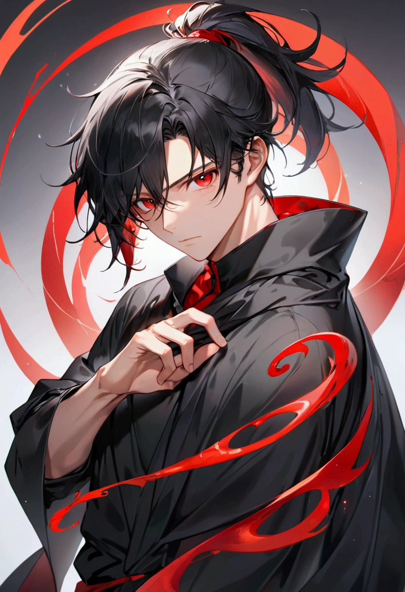 ((masterpiece)), ((best quality)), (from front:1.2), (half-body shot:1.4), 1man, adult man, solo, athletic, ponytail tied long black hair, red eyes, black cloak covering body, one hand making red spiral energy, looking at viewers