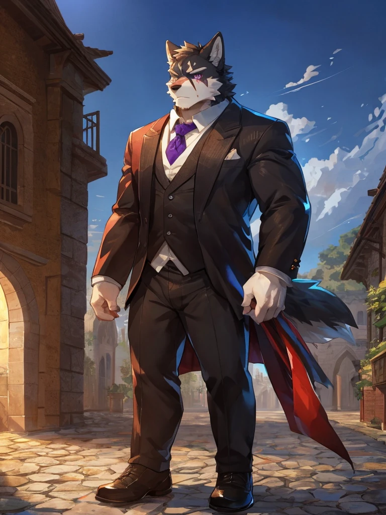 embedding:black wolf, male,purple eyes,Scar on the face, scar on the body,Single person,Smart posture, smart expression,father,Majestic, mob boss.Manor style architecture,Tall, mature,father,A modern manor,In the courtyard,Gravel road,Serious,Handsome, silent,Maturity,The highest quality of scene detail,adult,Tall and powerful,muscle,Exquisite scenes,Best quality hands, best quality eye,detailed fur,Delicate eyes.Extreme picture quality,by sollyz,by zixiong,by milkytiger1145
