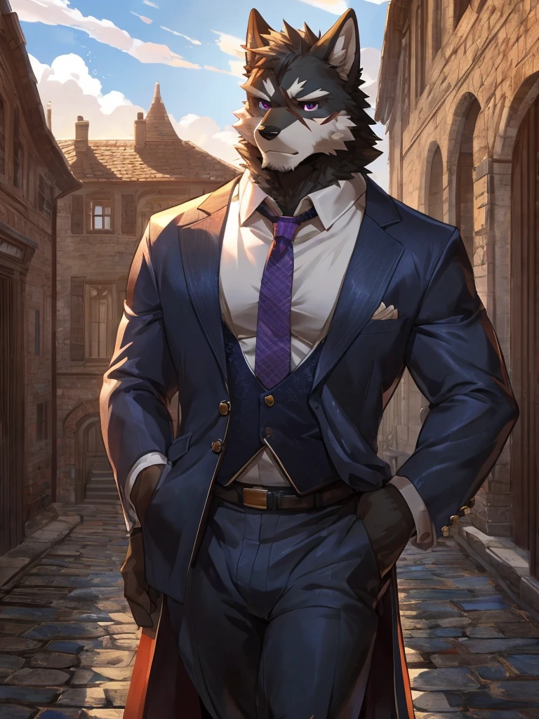 embedding:black wolf, male,purple eyes,Scar on the face, scar on the body,Single person,Smart posture, smart expression,father,Majestic, mob boss.Manor style architecture,Tall, mature,father，A modern manor,In the courtyard,Gravel road,Serious,Handsome, silent,Maturity,The highest quality of scene detail,adult,Tall and powerful,muscle，Exquisite scenes,Best quality hands, best quality eye，detailed fur，Delicate eyes.Extreme picture quality，by sollyz,by zixiong,by milkytiger1145