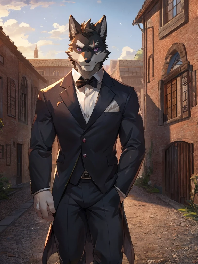 embedding:black wolf, male,purple eyes,Scar on the face, scar on the body,Single person,Smart posture, smart expression,father,Majestic, mob boss.Manor style architecture,Tall, mature,father，A modern manor,In the courtyard,Gravel road,Serious,Handsome, silent,Maturity,The highest quality of scene detail,adult,Tall and powerful,muscle，Exquisite scenes,Best quality hands, best quality eye，detailed fur，Delicate eyes.Extreme picture quality，by sollyz,by zixiong,by milkytiger1145