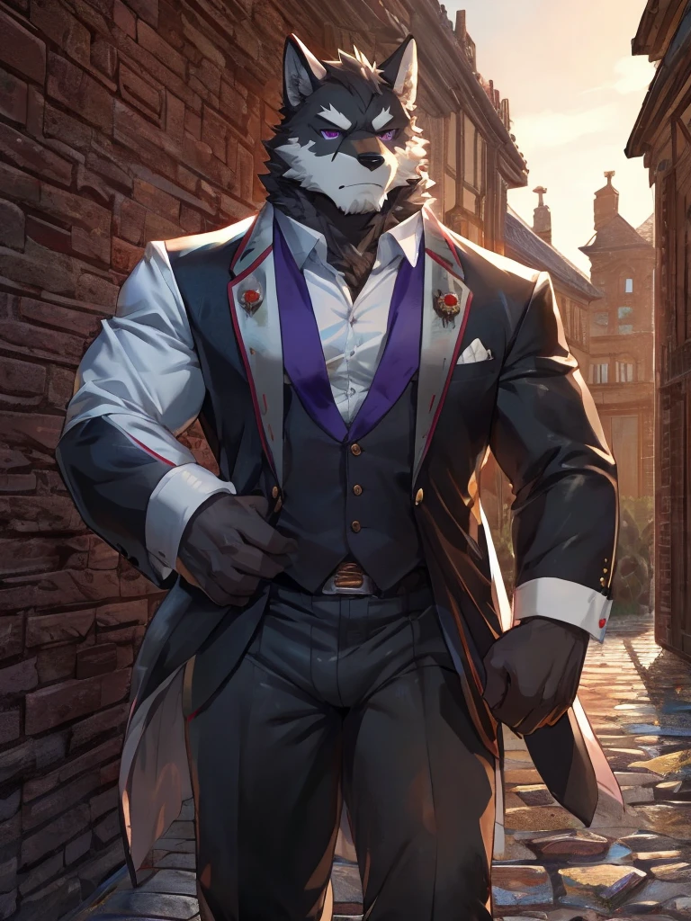 embedding:black wolf, male,purple eyes,Scar on the face, scar on the body,Single person,Smart posture, smart expression,father,Majestic, mob boss.Manor style architecture,Tall, mature,father，A modern manor,In the courtyard,Gravel road,Serious,Handsome, silent,Maturity,The highest quality of scene detail,adult,Tall and powerful,muscle，Exquisite scenes,Best quality hands, best quality eye，detailed fur，Delicate eyes.Extreme picture quality，by sollyz,by zixiong,by milkytiger1145