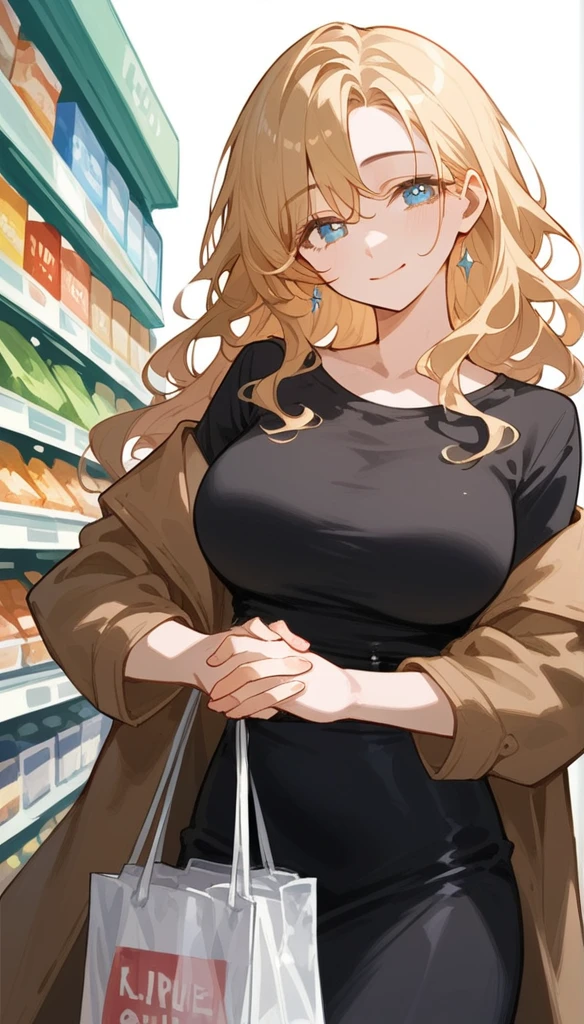 A beautiful woman with long medium blonde hair, soft wavy hair ends, kawaii, Bangs cover the right eye slightly large breasts, blue slanted eyes, (Using a closed brown coat posing with a soft smile against a white background, her right eye visible and eye color yellow, Elegant wearing a black t-shirt wearing a long, tight black skirt, right hand holding the left hand , right hand holding a shopping bag, left hand resting on the side of the thigh.