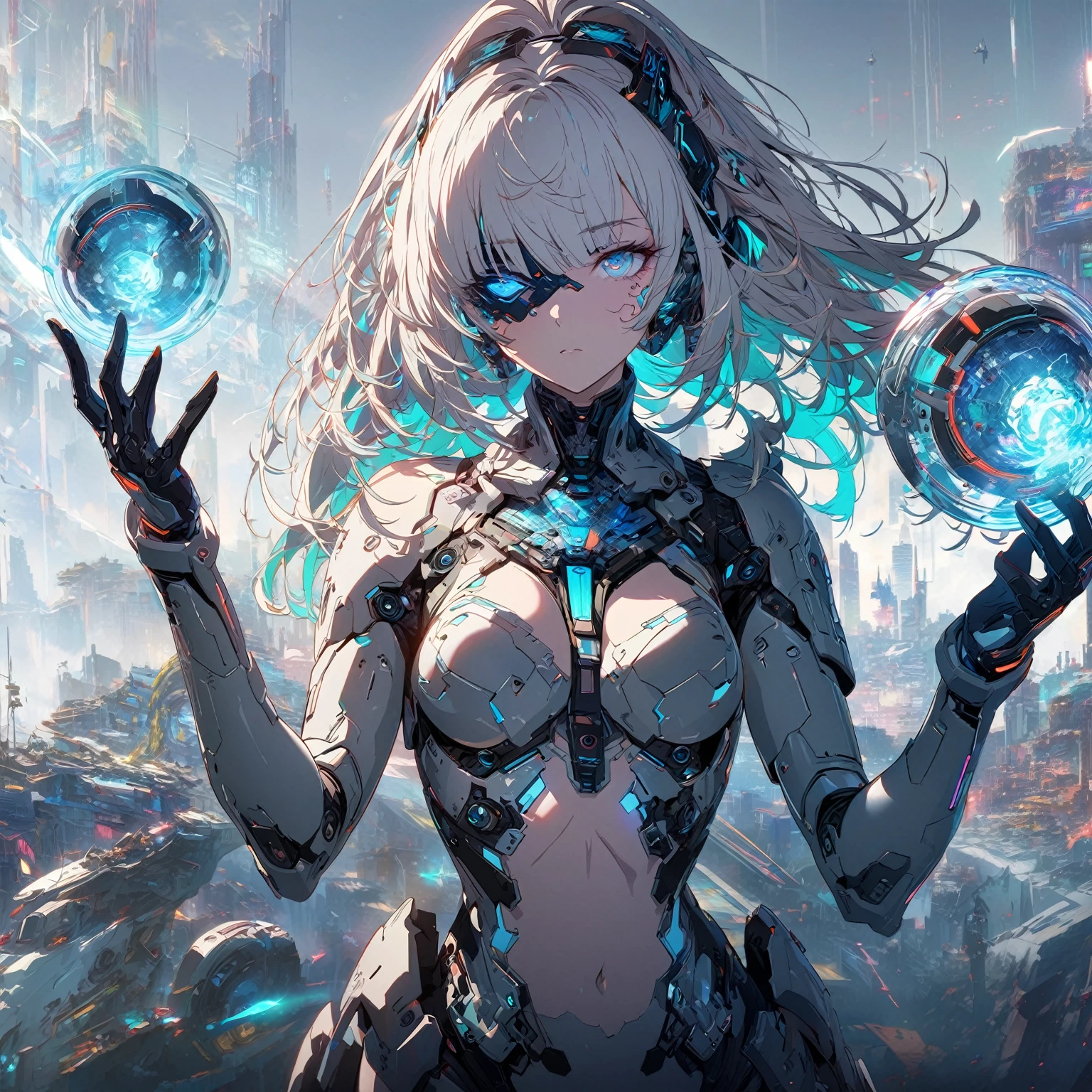 A female that have short, light-colored hair and are wearing an advanced suit of armor with intricate designs and glowing elements. One eye is visible while the other is covered by a dark patch, (nude:0.9), especially on the arms and torso, A spherical object emitting blue light, elements of cyberpunk, and sci-fi fashion, mechanical details, futuristic outfit, high-tech fashion, detailed gorgeous face| anime style| key visual| intricate detail| highly detailed| breathtaking| vibrant| panoramic| cinematic| Carne Griffiths| Conrad Roset| gibbli 8k