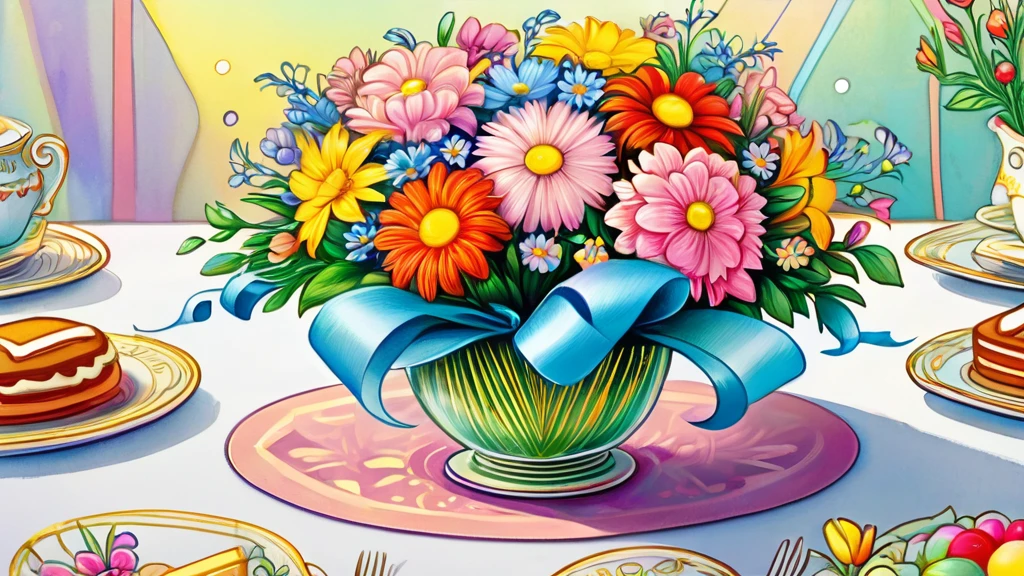 ((A bouquet of flowers with a gift ribbon on a table in a large close-up in the center))、looks happy,An illustration,pop,colorfulに,(draw with thick lines),color,、Happy dreams,Warm and full of happiness,,colorful,Fancy,Fantasy,,Detailed explanation,Randolph Caldecott Style