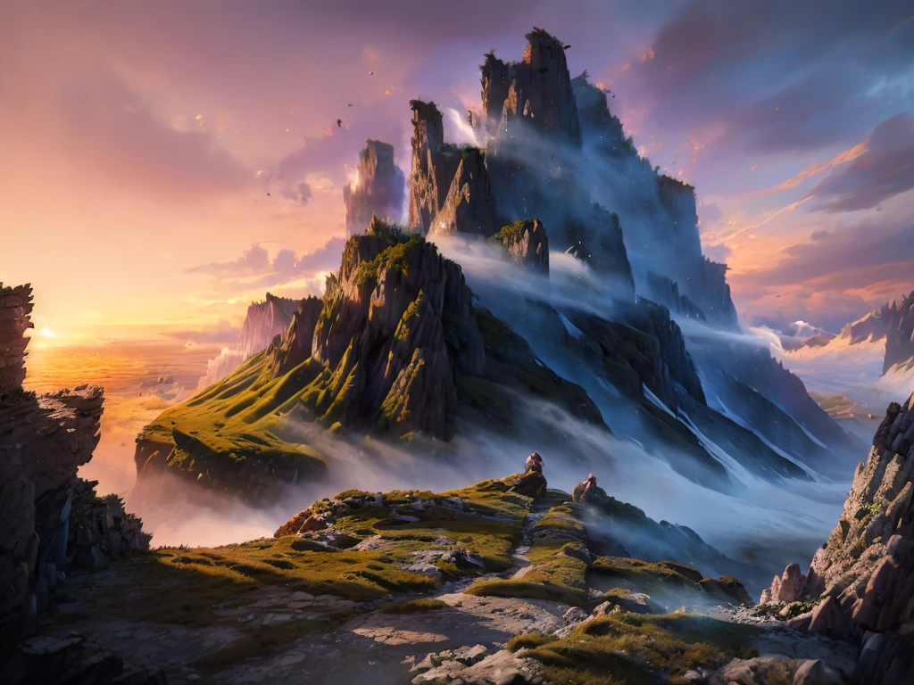 a detailed fantasy landscape, enchanted forests, majestic mountains, inspired by tolkien, in the style of john howe, ruins, ruined fortress, best quality, 4k, 8k, highres, masterpiece:1.2, ultra-detailed, realistic, photorealistic, photo-realistic:1.37, hdr, uhd, studio lighting, ultra-fine painting, sharp focus, physically-based rendering, extreme detail description, professional, vivid colors, bokeh, cinematic