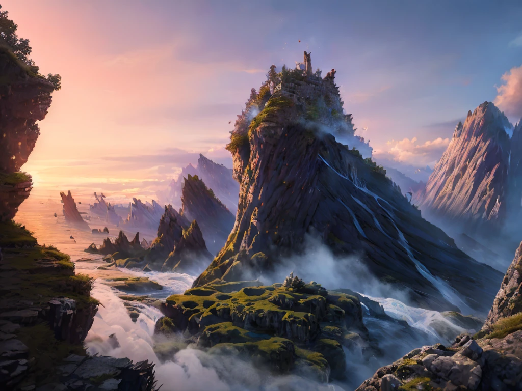 a detailed fantasy landscape, enchanted forests, majestic mountains, inspired by tolkien, in the style of john howe, ruins, ruined fortress, best quality, 4k, 8k, highres, masterpiece:1.2, ultra-detailed, realistic, photorealistic, photo-realistic:1.37, hdr, uhd, studio lighting, ultra-fine painting, sharp focus, physically-based rendering, extreme detail description, professional, vivid colors, bokeh, cinematic