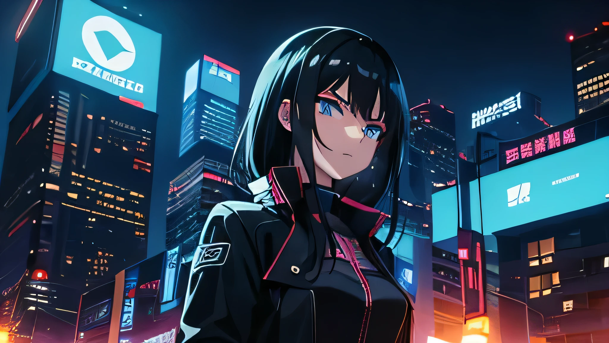 Anime style, super detailed illustration, high definition, dynamic angles, beautiful details, 8K, summer night BREAK In a cyberpunk world of glowing neon lights and futuristic buildings, two BREAKs are playing chess: one is a man with a serious expression and a hint of sweat on his face. The other is a female android with a cool demeanor.masterpiece,best quality,super detailed,perfect face,perfect hands,Break black hair,