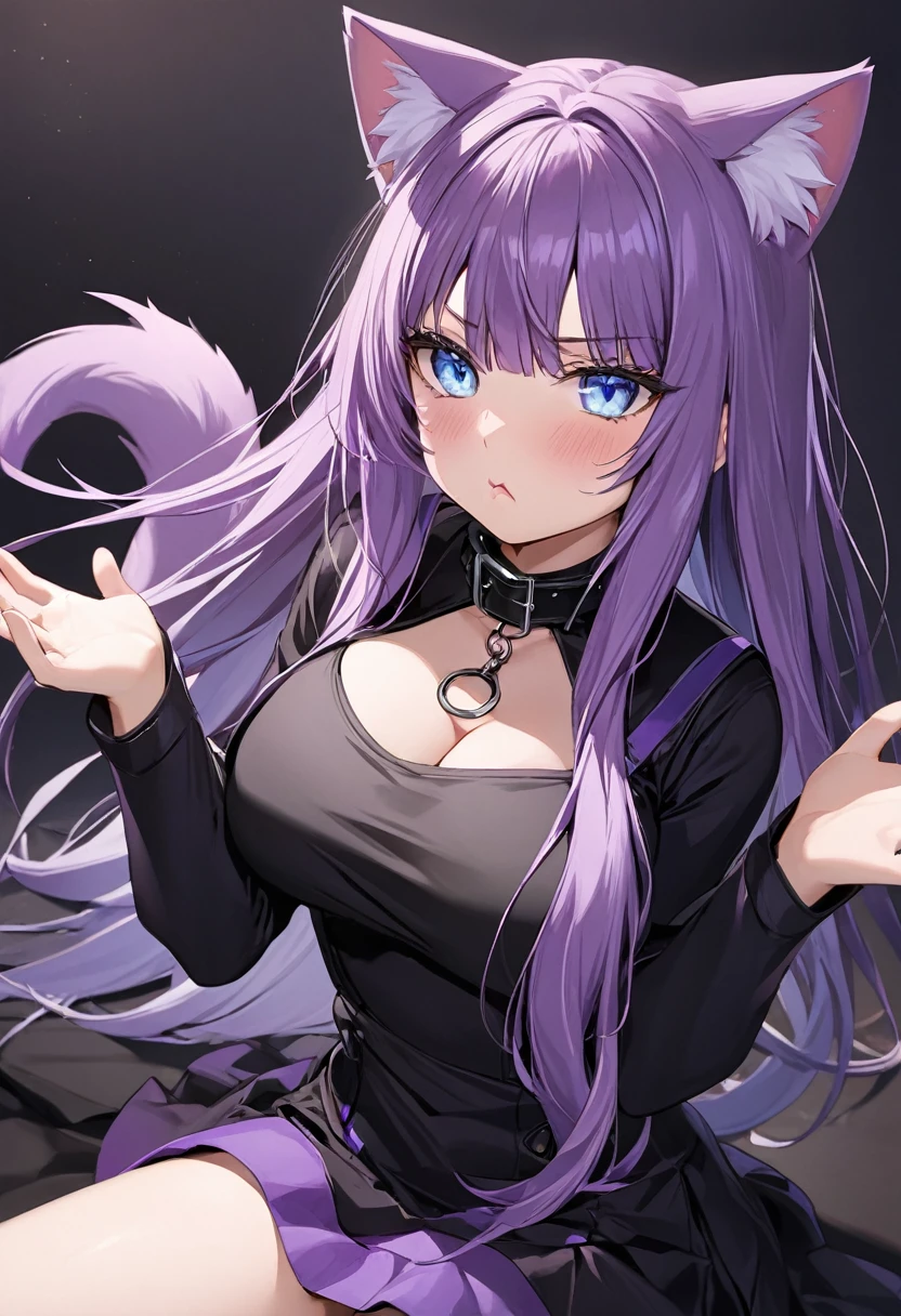 1girl, Blue eyes, Long Hair, Bangs, Purple Hair, Breasts, pout, black collar, cat ears, purple cat tailc, black clothes, begging