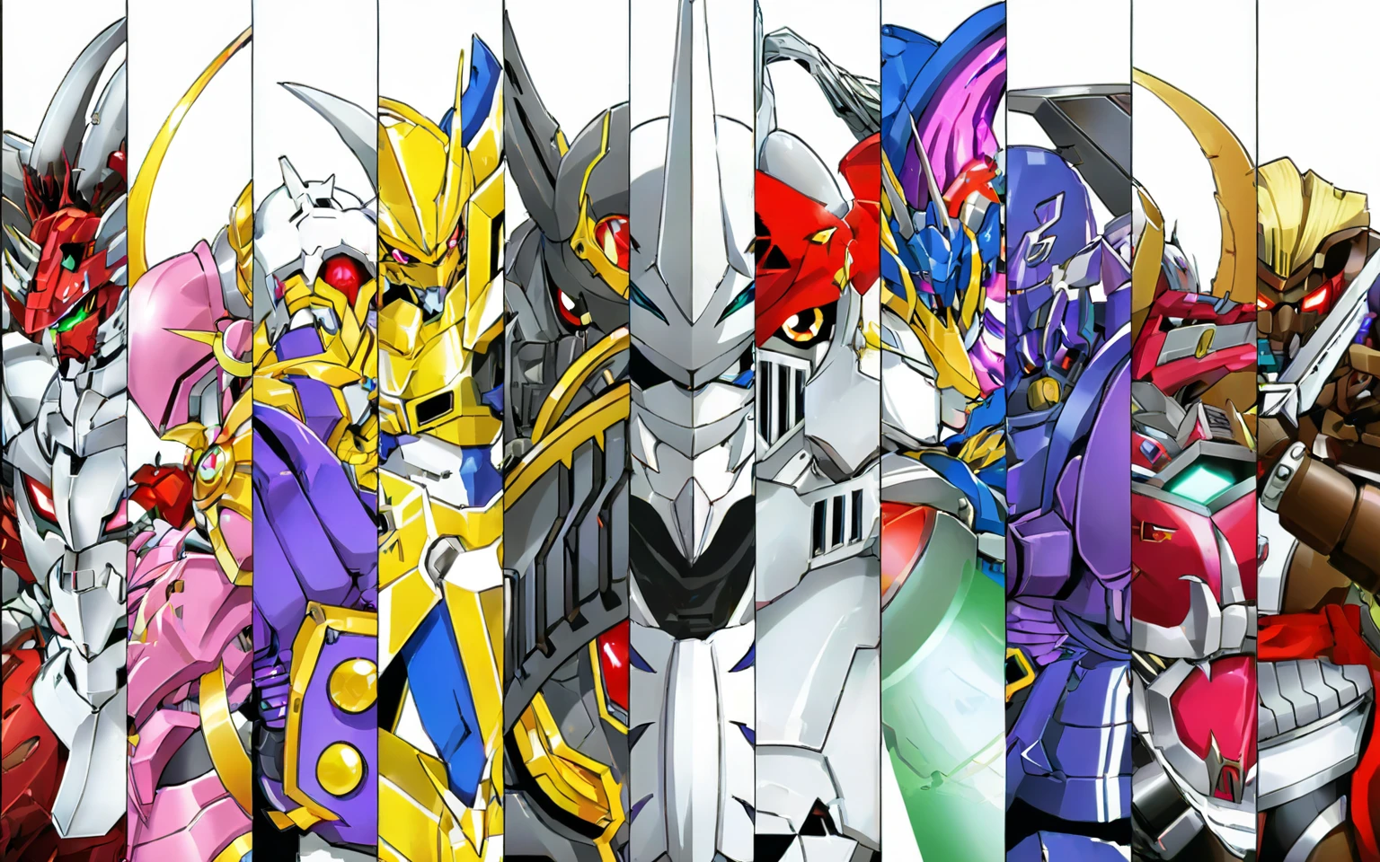 a close up of a group of cartoon characters with swords, anime robots, super robot wars, mecha anime, mecha art, modern mecha anime, digimon key art, digimon anime key art, cool mecha style, giant robots, anime robotic mixed with organic, mecha limbs, concept art of omegamon, gundam style, super robot, mobile suit