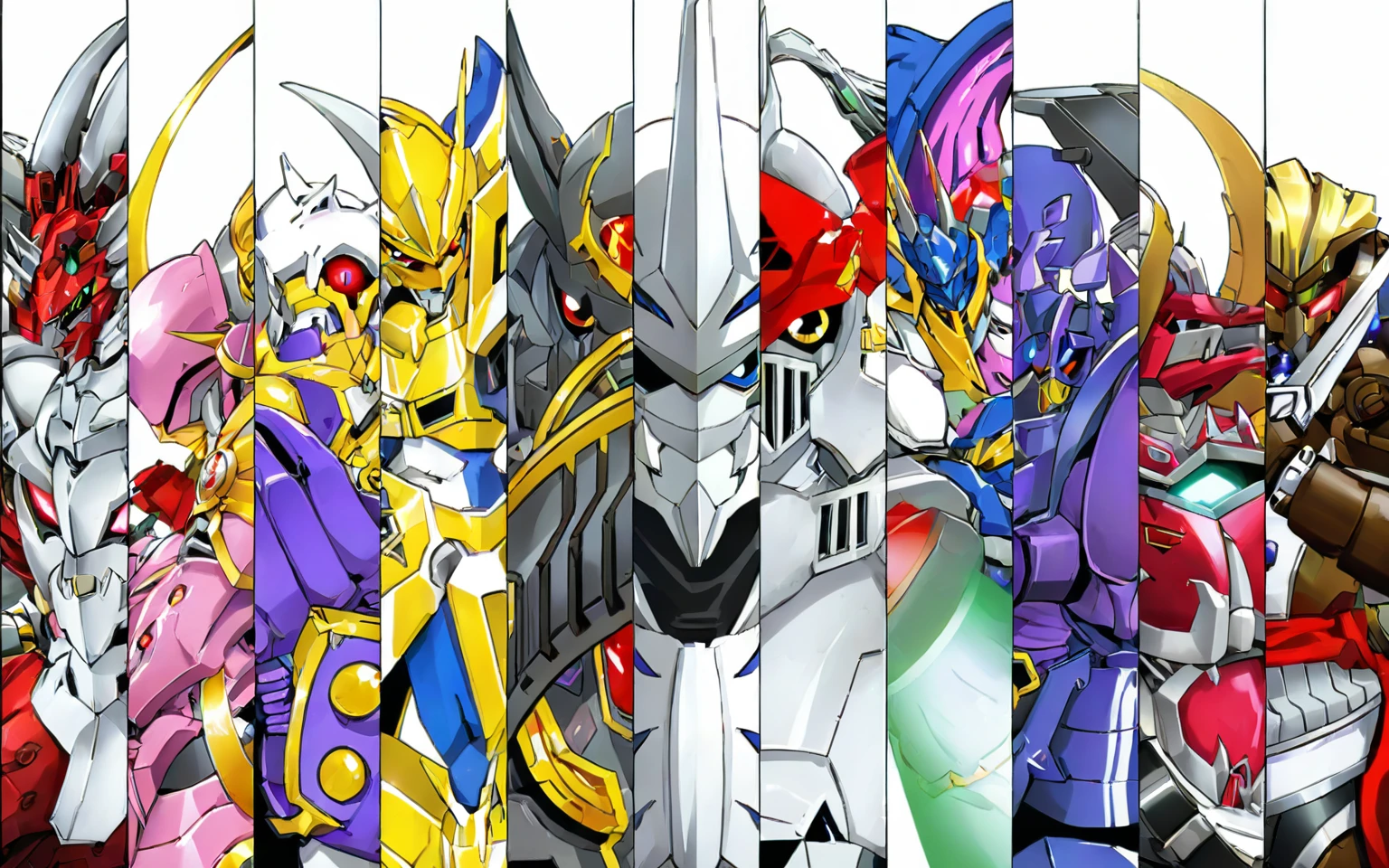 a close up of a group of cartoon characters with swords, anime robots, super robot wars, mecha anime, mecha art, modern mecha anime, digimon key art, digimon anime key art, cool mecha style, giant robots, anime robotic mixed with organic, mecha limbs, concept art of omegamon, gundam style, super robot, mobile suit