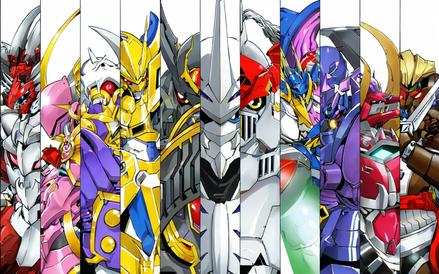 a close up of a group of cartoon characters with swords, anime robots, super robot wars, mecha anime, mecha art, modern mecha anime, digimon key art, digimon anime key art, cool mecha style, giant robots, anime robotic mixed with organic, mecha limbs, concept art of omegamon, gundam style, super robot, mobile suit