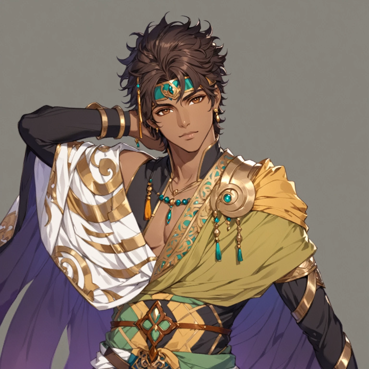 masterpiece, best quality, good quality, Fantasy Aesthetic, Highly detailed, shadowverse style, male, brown skin, persian aesthetic, brown eyes