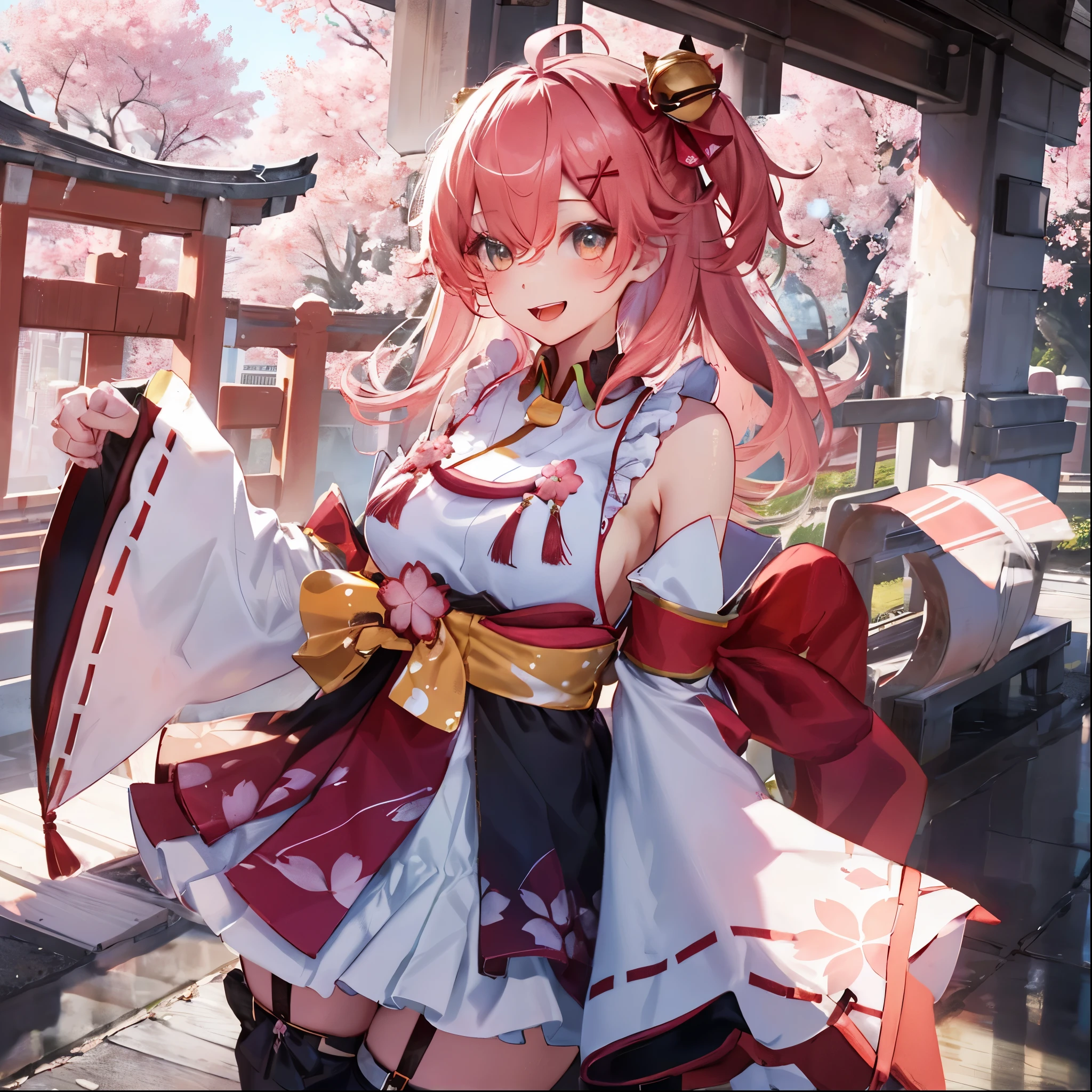 masterpiece, best quality, highres, miko1, sakura_miko, 1girl, big_boobs, solo, ahoge, x_hair_ornament, pink_hair, floral print, hairclip,(side_less_clothes:1.5), (side_boobs:1.5), hair_bell, floral print, long_hair, hair between eyes, one side up, white thighhighs, asymmetrical legwear, wide sleeves, open_mouth,(happy:1.3),gleen_eyes,big_smile,(rise_leg:1.3),plump,apart_legs,(overly_long_sleeves:1.3),),sleeves_past_wrists,hands_hidden_sleeves,sidelock_clothes,dynamic_posing,solo,hidden_wrists,(XD:1.4),covered_nipples,sunlight,cherryblossom_temple_landscape_background,