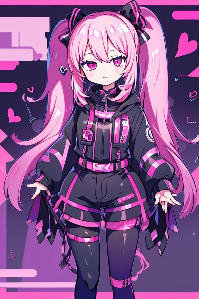 Cute, 1girl, pink hair twintails, black jacket, black tight shorts, see through pantyhose, smug, pink eyes with heart in it, music
