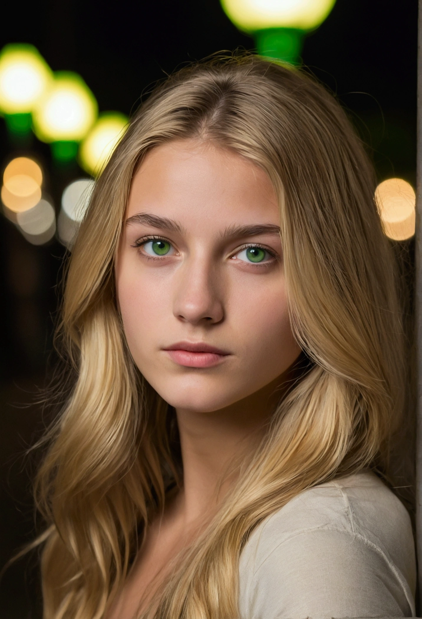 A photorealistic portrait of a 21-year-old french girl with long, blond hair and striking green eyes. She should have a sexy, approachable expression and be illuminated by soft, by street lamp.  The background should be a scenic outdoor in night. Capture this image with a high-resolution photograph using an 85mm lens for a flattering perspective.