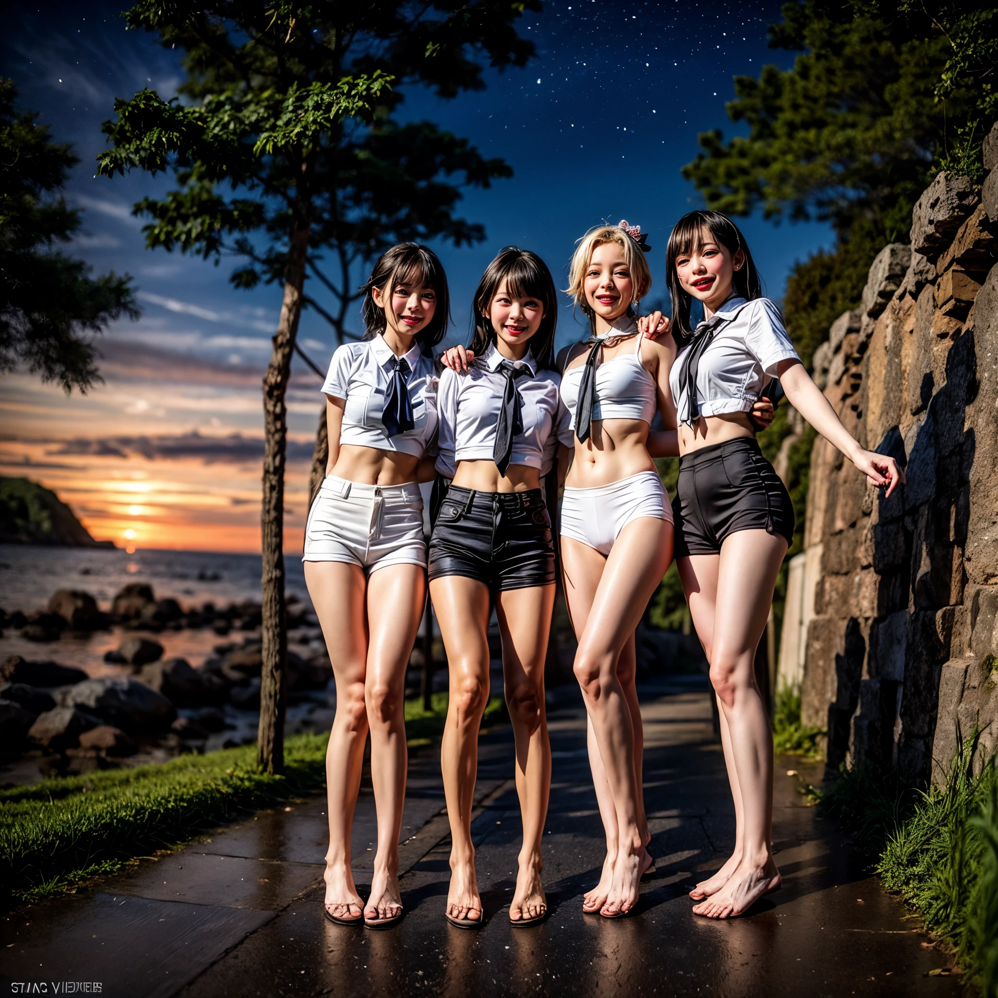 Masterpiece of ProfessionalPhoto ((ExtremelyDetailed (12 PICHIPICHI KAWAII Girls Floating in The Air in a row:1.37) in WHITE at Dusk Enoshima Beach)), {(Standing Full Body:1.2)|(from below:1.2)|Detailed KAWAII face}, Different types of hair colors, {(skinny(school swimwear))|(SchoolUniform)with Tiny AthleticShorts}, {(Corrected Childish hand)|Hidden hand|Different types of breasts|(Clearly Visible the shape of Butt)}, Joyful Expressions LifeLike Rendering, Detailed clothing texture, PerfectLighting, (Dazzling Horizon Visible through ThighGap), (Starry IridescentParticles:1.22) ColorfulClouds