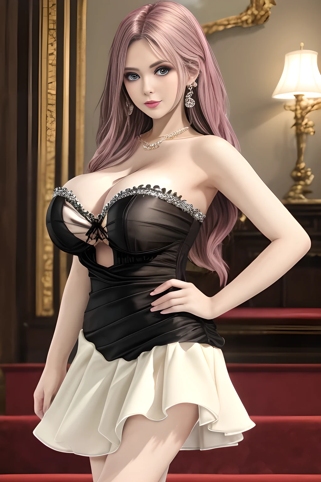 1girl is wearing an elegant black strapless dress. The dress is beautifully designed with ruching on the bodice and a cascading ruffled asymmetrical hem, adding a playful and chic touch to the outfit. The person is standing upright, with one hand gently touching their leg and the other hand relaxed by their side. The background is plain and neutral, drawing attention to the dress itself. The lighting is soft, highlighting the details of the dress and creating a fashionable and stylish atmosphere,, huge breasts, elise