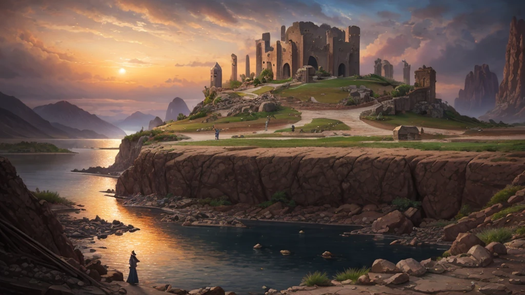 wide angle, panoramic view, a detailed fantasy landscape, enchanted desert, majestic lake, inspired by tolkien, in the style of john howe, ruins, ruined fortress, best quality, 4k, 8k, highres, masterpiece:1.2, ultra-detailed, realistic, photorealistic, photo-realistic:1.37, hdr, uhd, studio lighting, ultra-fine painting, sharp focus, physically-based rendering, extreme detail description, professional, vivid colors, bokeh, cinematic