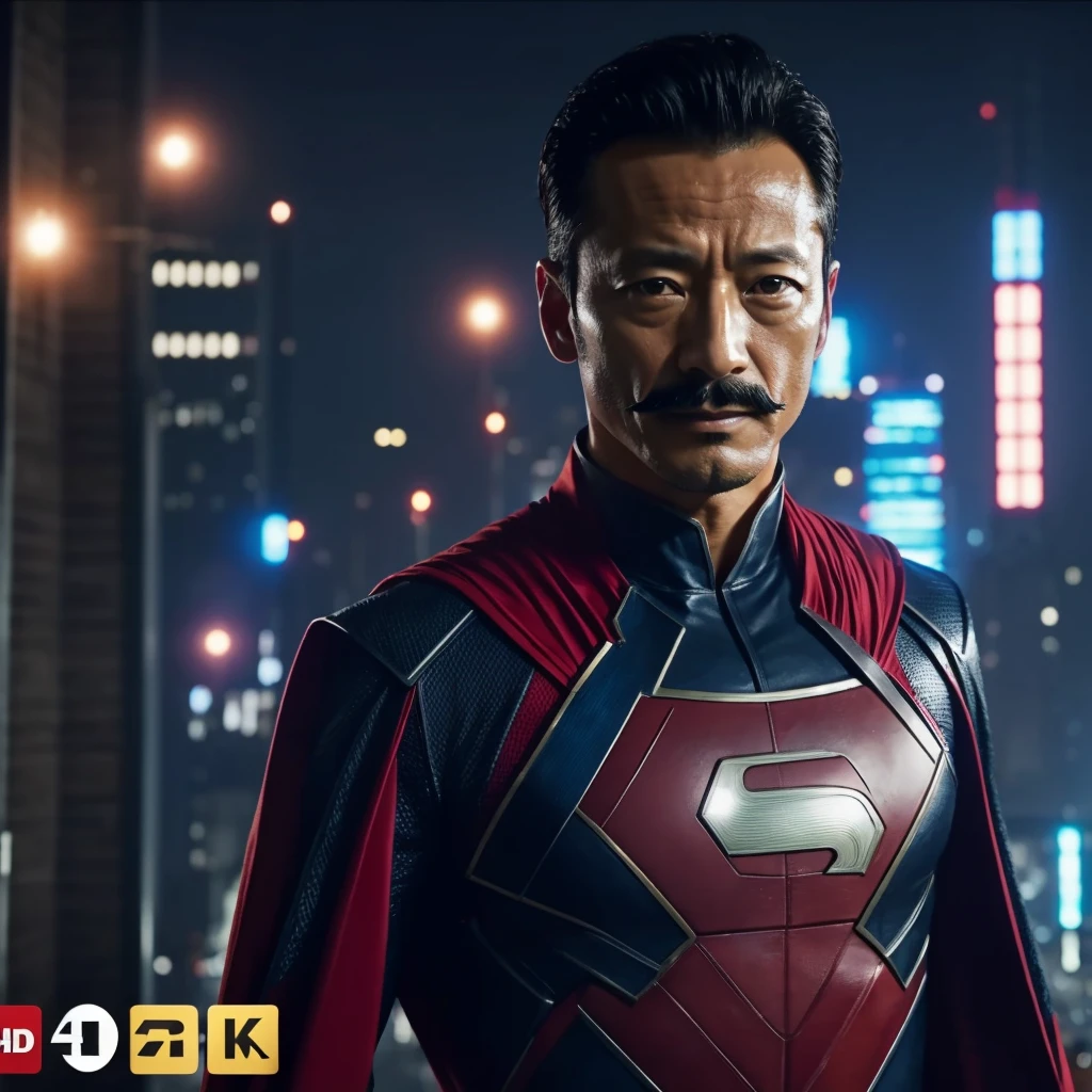 50 years old，Hidetoshi Nakata ，（Kogoro Mouri 1.3), a man as superhero, superhero outfit, tong, mustache, masterpiece, 4k hd, 8k hd