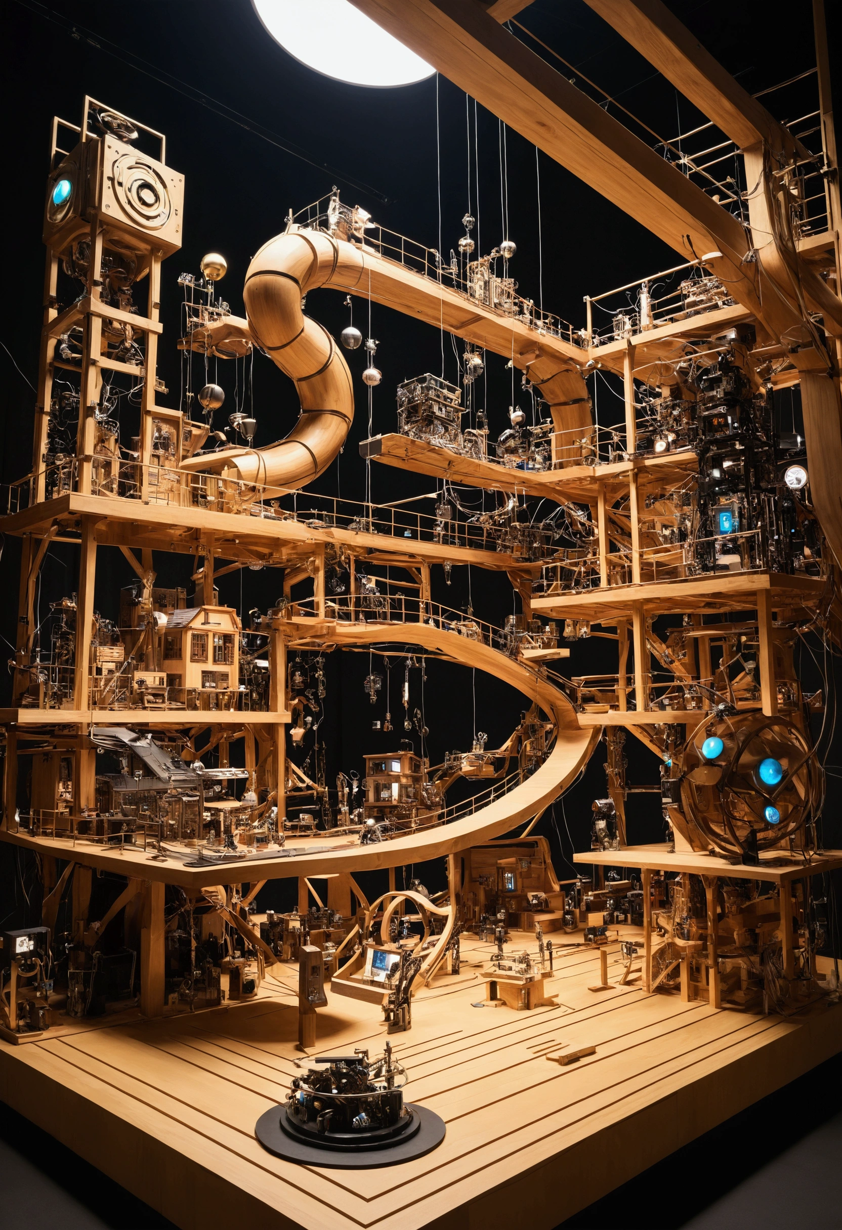 Japan、Yagura、wooden、stage(Futuristic cybernetic Rube Goldberg machine in the center of the image:1.2)、kitsch、high tech、distinct、Cinematic、Anime influences、ultra modern、Sharp Focus、landscape