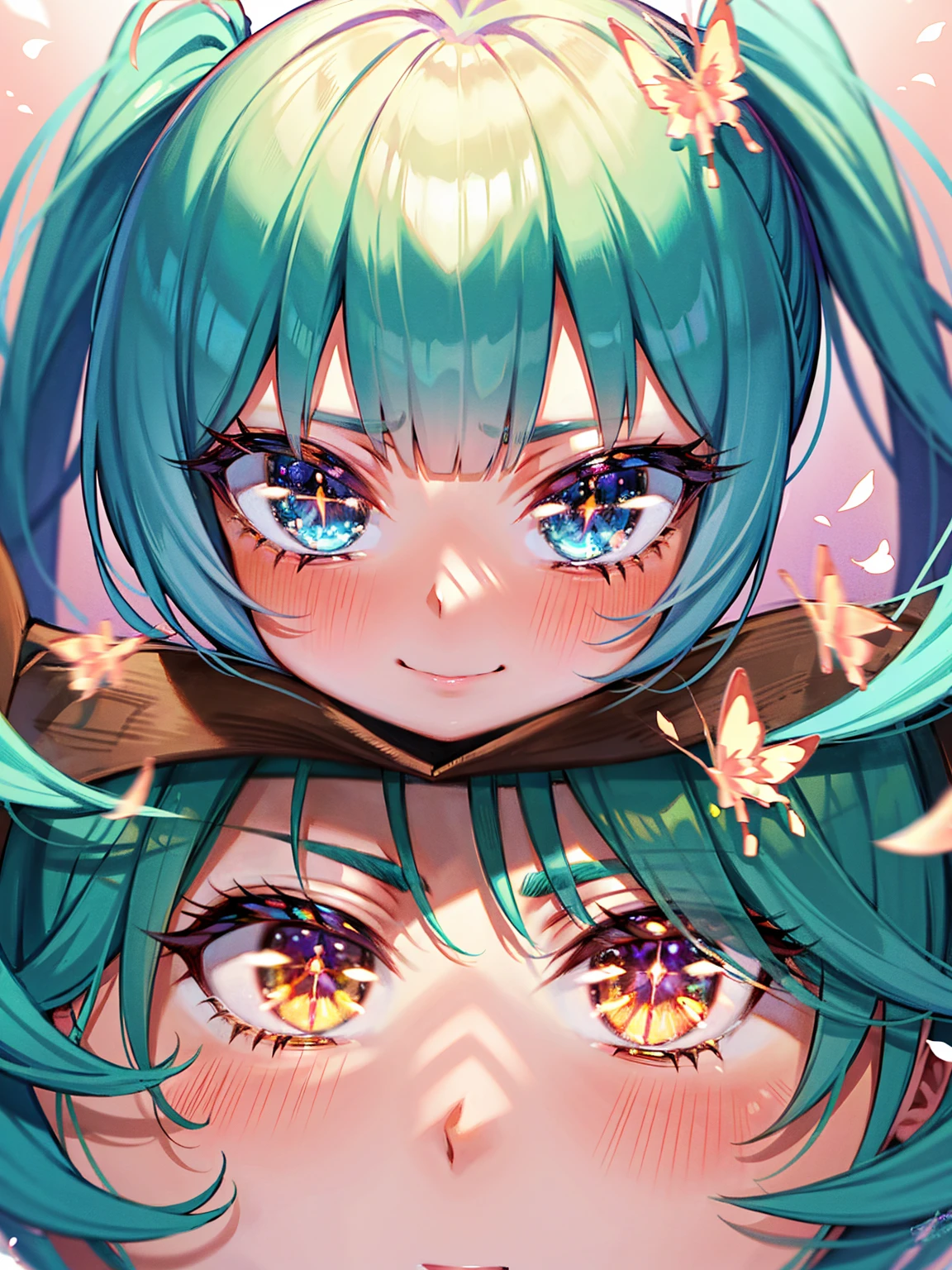 (( best quality, masterpiece, 4k, 8k, 16k, absurdrity,)), Ultra-Wide Angle, anime style, ray tracing, 1girl, smile, blunt bangs, drooping eyebrows, aqua eyes, glowing eyes, meadow, flying flowers, smile, curtsy, heart-shaped pupils, white serafuku, blue sailor collar, red neckerchief, long white shirt, hemline trim, flowing pleated skirt, lace-trimmed skirt, BREAK looking_at_viewer, (cross arms:1.2), blush, (facing shot:1.2), ultrahires, sunrise backlighting, cloudy, purple and blue gradient sky, butterflies, award winning, vibrant colors, flowers flying, bloom