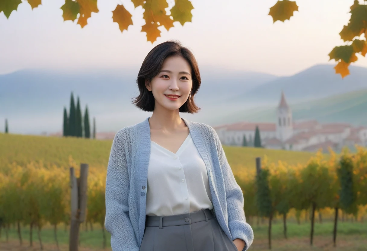 8k best picture quality, Beautiful 36-year-old Korean woman, Chest size 34 inches, Early autumn dawn in northern Italy, View of the cathedral next to the vineyards, The back background is realistic and vivid quality., short medium hair, white shirt and cardigan, Wear casual pants, Smile slightly. the background is clear, look up to the side. Looking at the vineyards covered in thick fog from the sycamore trees hill road