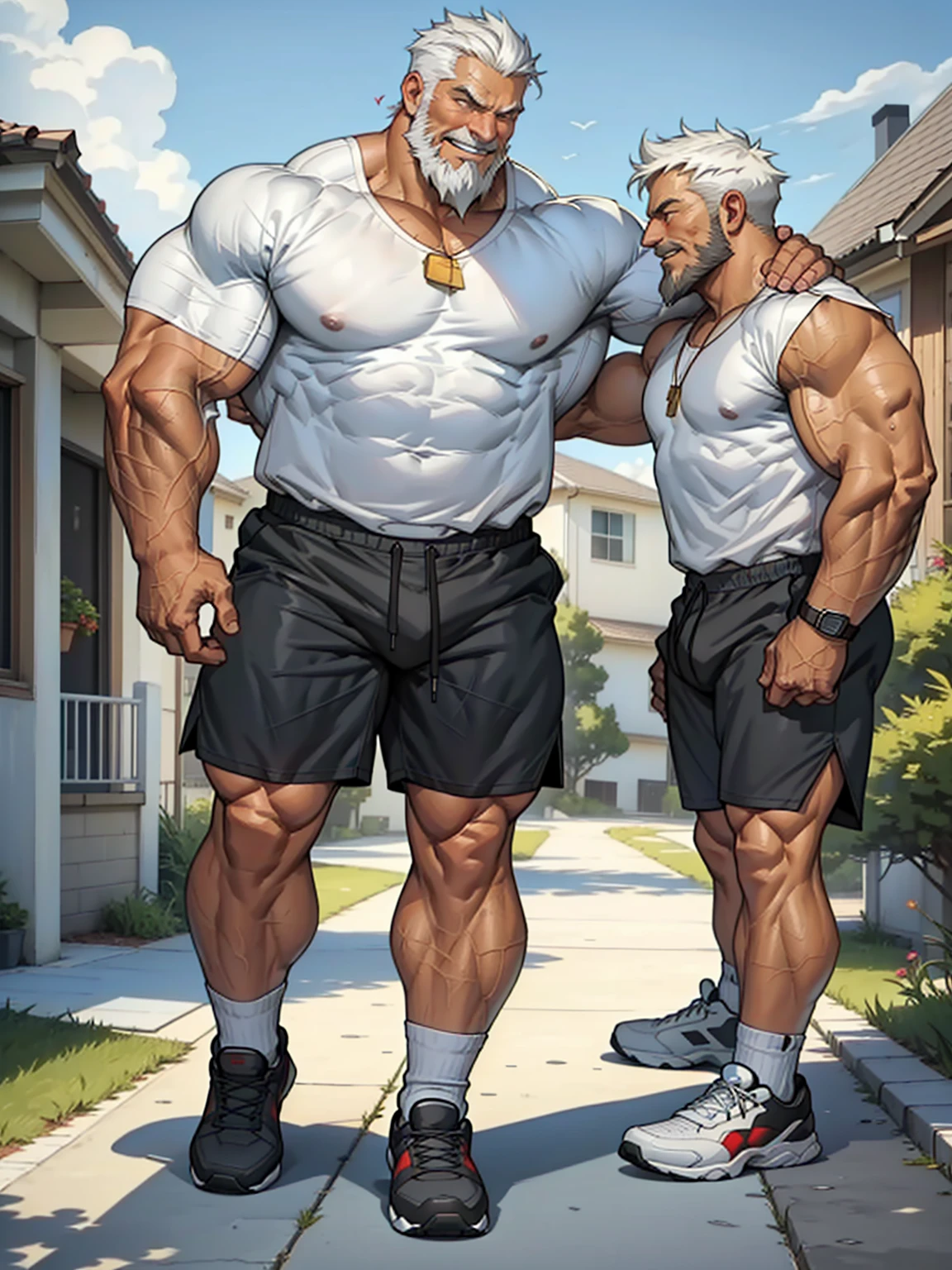 muscular old man in front house, old man, thick arm, huge arm, bearded. white hair and beard, bearded, muscular, pectoral, wide pectoral, realistic, 8k, masterpiece, (wearing shorts and white shirt:1.3, shoes), smile