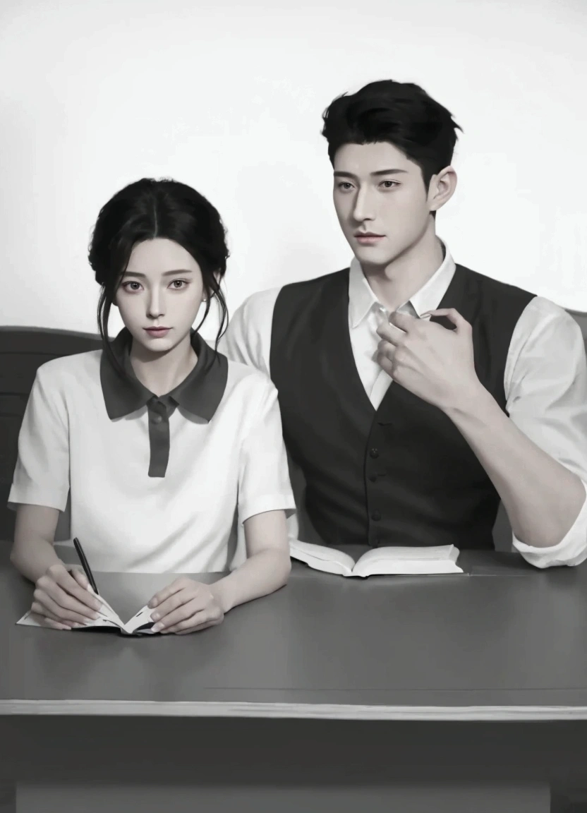 There was a man and a woman sitting at a table with books., Realistic art style, Artwork in the style of gouache, Inspired by Sim Sa Jung, High quality fan art, Realistic anime style, Realistic picture, Style in digital painting, digital sketch, [ digital art ]!!, Made with Anime Painter Studio., Realistic art style, Drawing in Anime Painter Studio