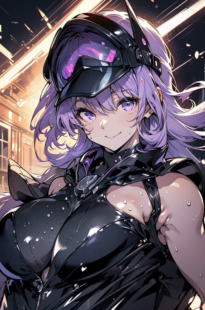 1 mature and seductive woman,(Detailed Description,Unbelievably absurd,High resolution,8k wallpaper,masterpiece,Highest quality,Regional Depth,Anatomically accurate depiction,A face with attention to detail, Eye on the details,Perfect body,Two beautiful hands, Five perfect fingers),(Glowing Skin,Glossのある肌,Oilskin),((Sexy female rider)),(Rider Suit,latex,Gloss),eyelash,(Visor goggles,Purple eyes,There is cleavage in the chest,Glossのある口紅,Captivating smile,Sweat),(whole body),(((Riding on motorcycle,))),speed