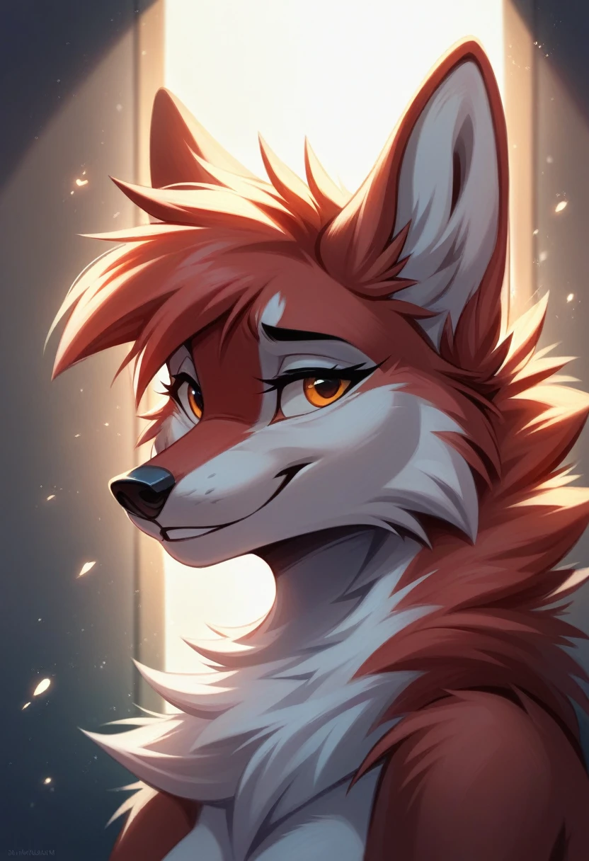 solo female, face Three Quarter View, white coyote furry, furry, smiling, red fur, Black fur stripe, netral, Traumatized face, dynamic lighting, illustration, beautiful, particles (high quality,4k,8k,highres,masterpiece:1.2), ultra-detailed, impressionistic:colorful,]