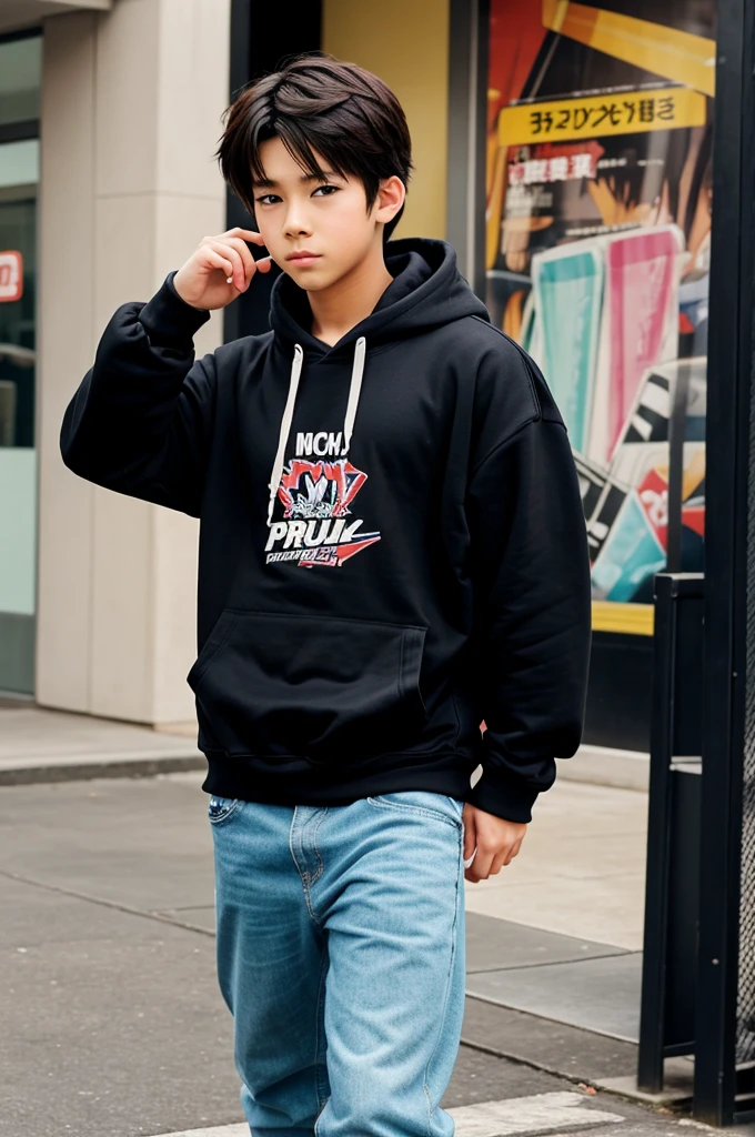 2000s anime style, a boy coming by walking by putting his hands on hoodies pocket