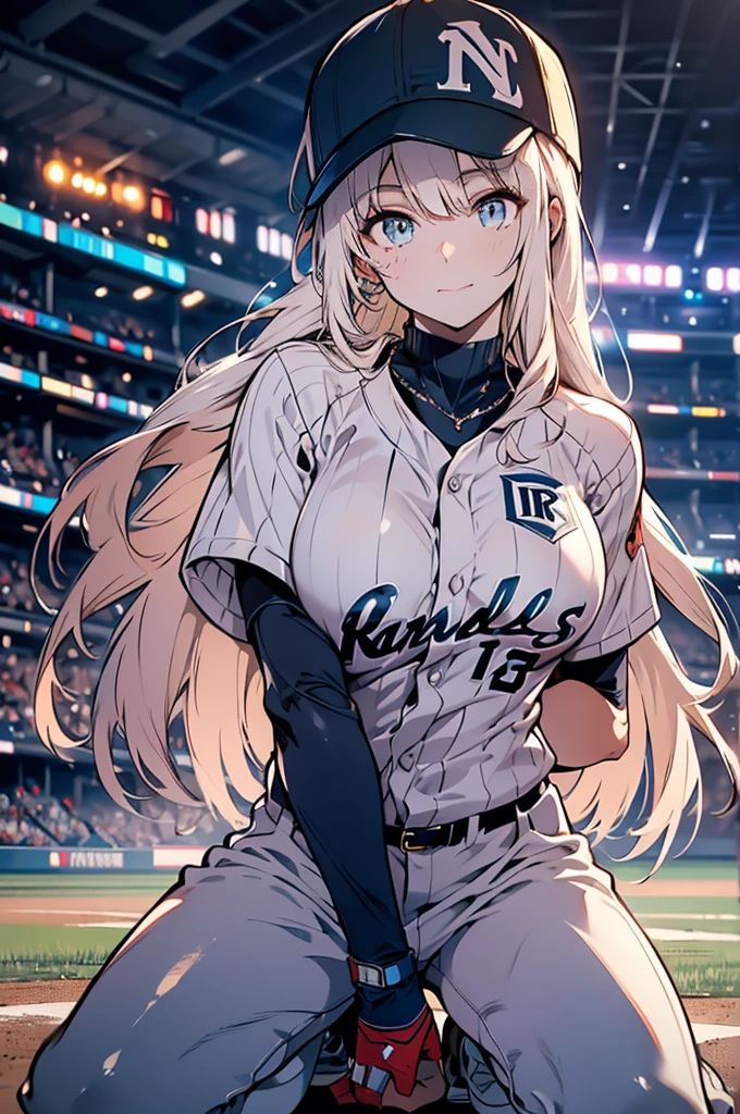 Young and beautiful woman,(Highest quality,Extremely detailed depiction,Incredible high resolution,Anatomically accurate depiction,software),(Glowing Skin,Glowing Skin),baseball player,Baseball uniforms,baseball pants,Baseball cap,gloves,悔しさからOn the mound泣く投手,A regretful face,Kneeling position,background:Baseball field during a game,Walk-off loss,On the mound