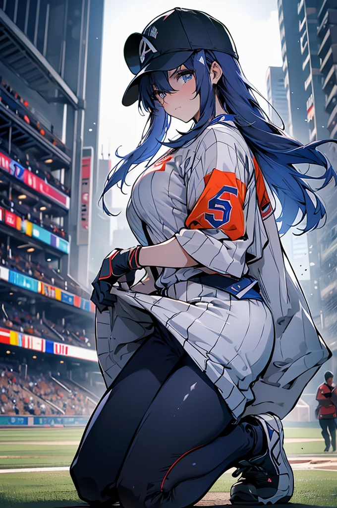 Young and beautiful woman,(Highest quality,Extremely detailed depiction,Incredible high resolution,Anatomically accurate depiction,software),(Glowing Skin,Glowing Skin),baseball player,Baseball uniforms,baseball pants,Baseball cap,gloves,悔しさからOn the mound泣く投手,A regretful face,Kneeling position,background:Baseball field during a game,Walk-off loss,On the mound