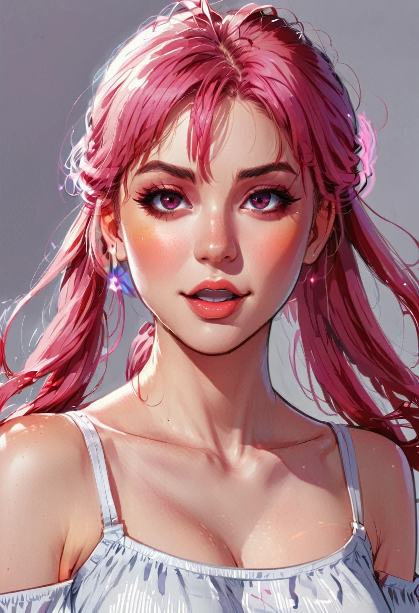 radiance: 1.0), (bright, Sketch, drawing: 1.0), 1 girl, hits, red eyes bright relucent light in hair, blush, clavicle, hair between the eyes, by the wide, looking at the viewer, GOOD, open mouth, pink hair, portrait, bright, bright hair, side ponytail,