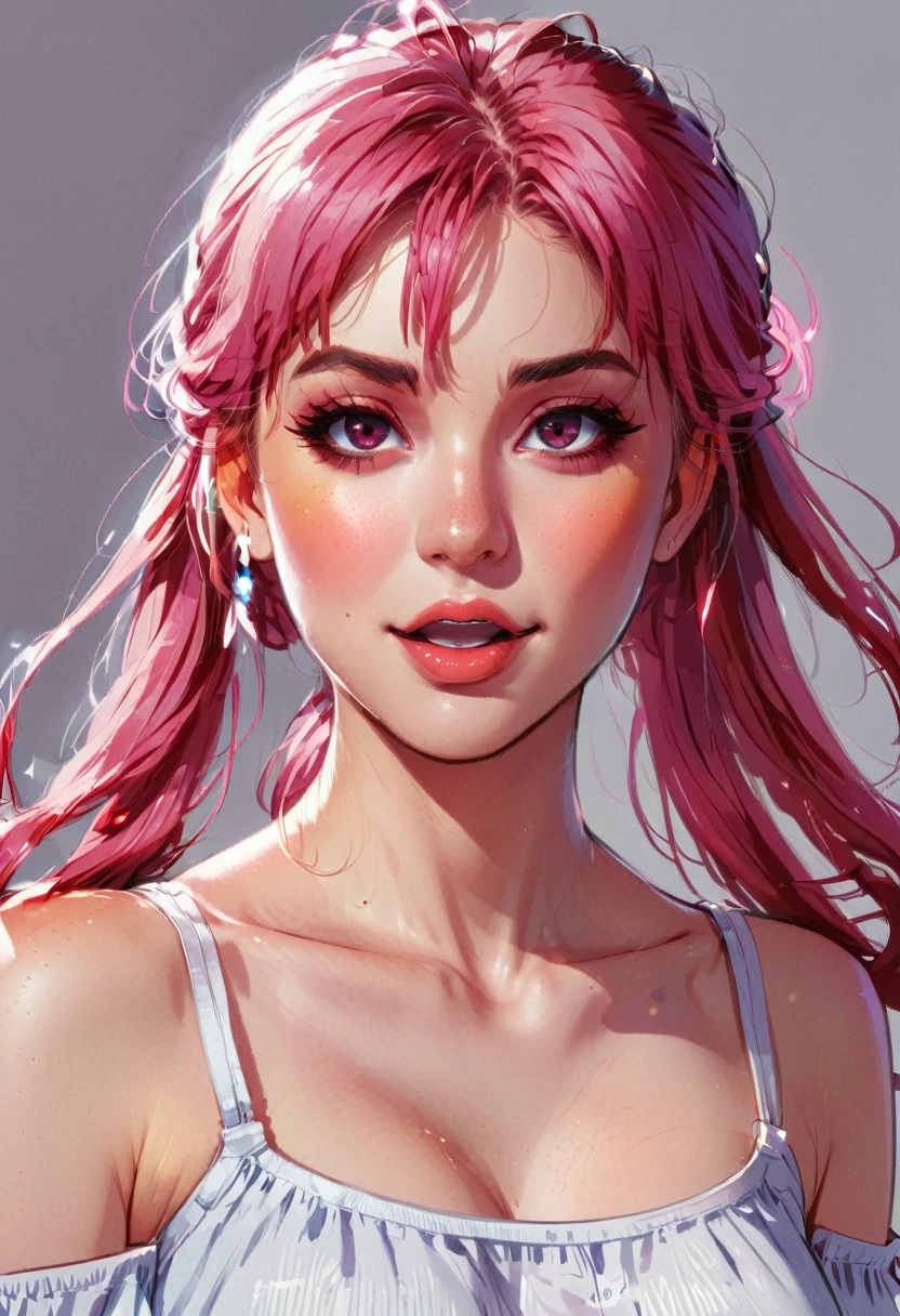 radiance: 1.0), (bright, Sketch, drawing: 1.0), 1 girl, hits, red eyes bright relucent light in hair, blush, clavicle, hair between the eyes, by the wide, looking at the viewer, GOOD, open mouth, pink hair, portrait, bright, bright hair, side ponytail,
