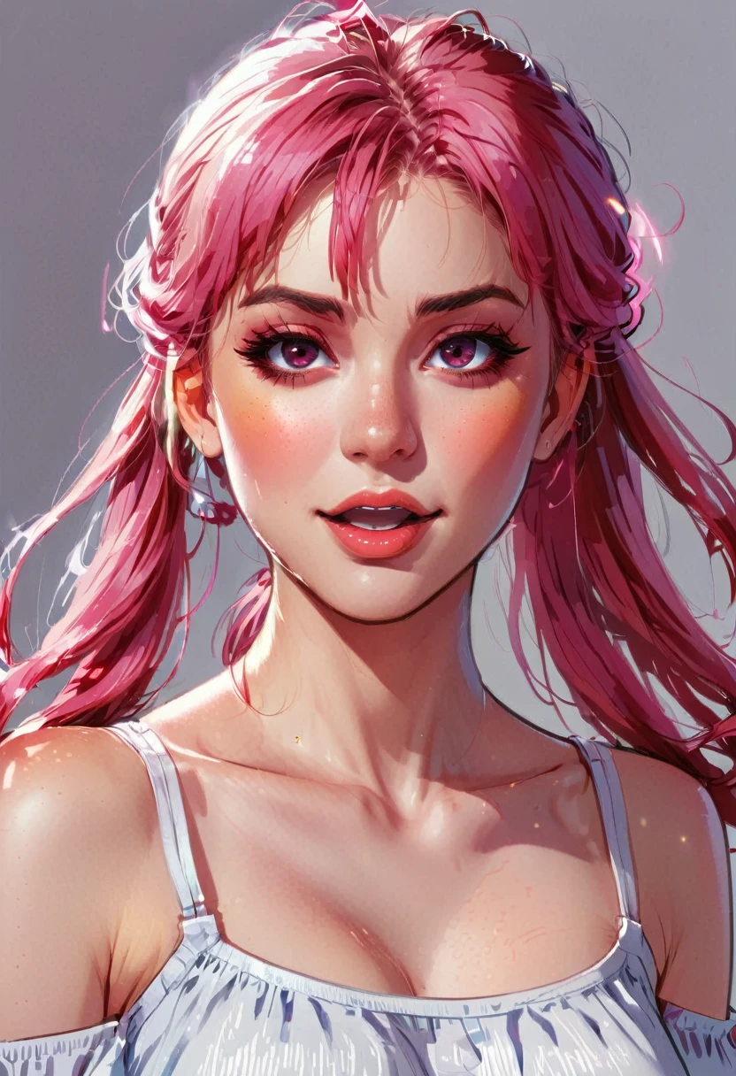 radiance: 1.0), (bright, Sketch, drawing: 1.0), 1 girl, hits, red eyes bright relucent light in hair, blush, clavicle, hair between the eyes, by the wide, looking at the viewer, GOOD, open mouth, pink hair, portrait, bright, bright hair, side ponytail,
