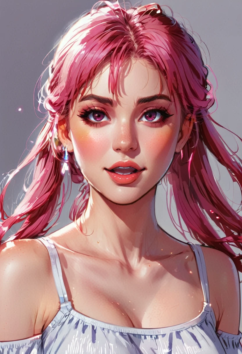 radiance: 1.0), (bright, Sketch, drawing: 1.0), 1 girl, hits, red eyes bright relucent light in hair, blush, clavicle, hair between the eyes, by the wide, looking at the viewer, GOOD, open mouth, pink hair, portrait, bright, bright hair, side ponytail,
