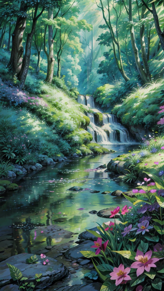 a stream running through a lush green forest, gentle sparkling forest stream, flowers and waterfalls, nature wallpaper, anime nature wallpap, stream of love and happiness, by mark keathley, water stream, babbling brook, peaceful beautiful waterfall, anime nature, small water stream, magical forest backround, vast lush valley flowers, dream scenery art, lush trees and flowers, 4k hd,, beautiful art uhd 4 k, a beautiful artwork illustration, beautiful digital painting, highly detailed digital painting, beautiful digital artwork, detailed painting 4 k, very detailed digital painting, rich picturesque colors, gorgeous digital painting