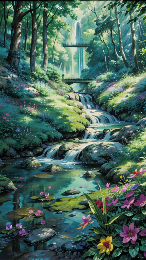 a stream running through a lush green forest, gentle sparkling forest stream, flowers and waterfalls, nature wallpaper, anime nature wallpap, stream of love and happiness, by mark keathley, water stream, babbling brook, peaceful beautiful waterfall, anime nature, small water stream, magical forest backround, vast lush valley flowers, dream scenery art, lush trees and flowers, 4k hd,, beautiful art uhd 4 k, a beautiful artwork illustration, beautiful digital painting, highly detailed digital painting, beautiful digital artwork, detailed painting 4 k, very detailed digital painting, rich picturesque colors, gorgeous digital painting