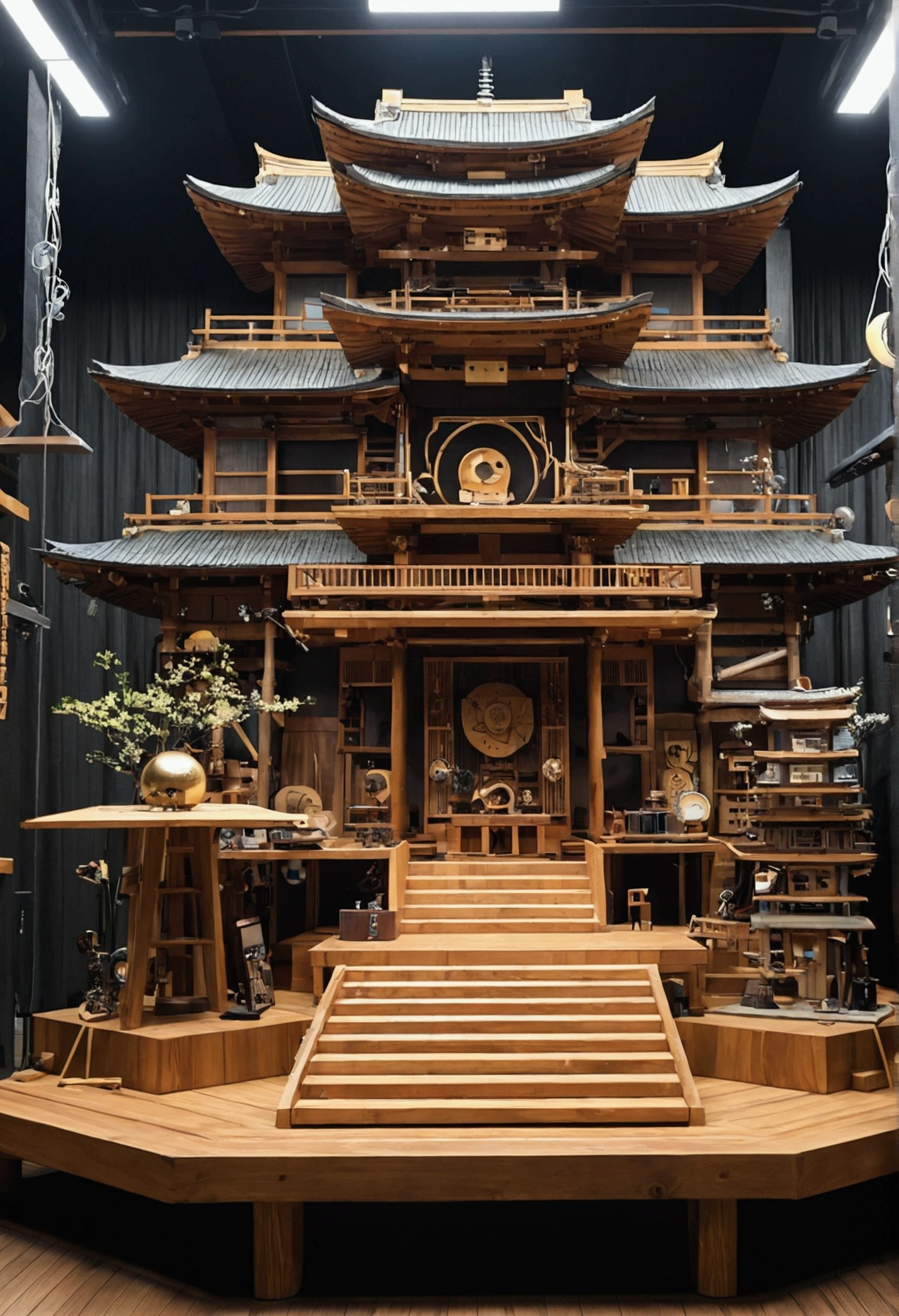Japan、Yagura、wooden、stage(Futuristic cybernetic Rube Goldberg machine in the center of the image:1.2)、kitsch、high tech、distinct、Cinematic、Anime influences、ultra modern、Sharp Focus、landscape、shrine、stageのアップ