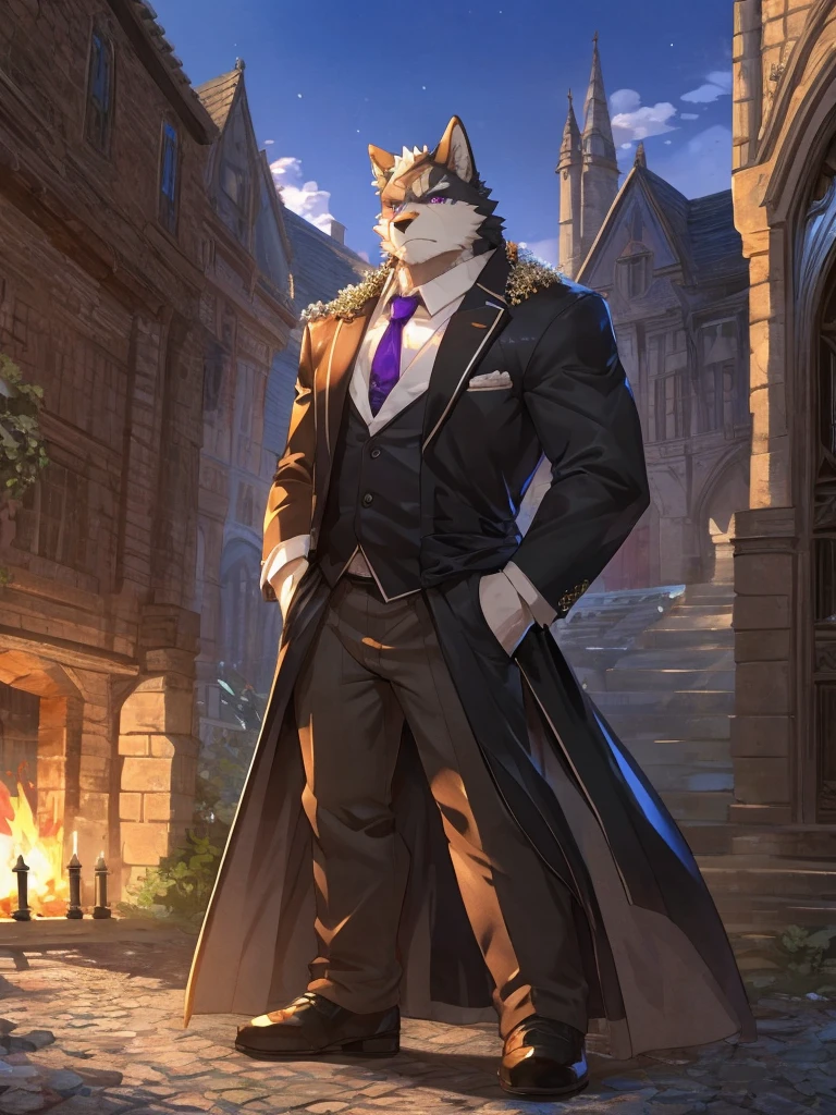 embedding:black wolf, male,purple eyes,Scar on the face, scar on the body,Single person,Smart posture, smart expression,father,Majestic, mob boss.Manor style architecture,Just got off at the gate of the manor.Tall, mature,father,A modern manor,In the courtyard,Gravel road,Serious,Handsome, silent,Maturity,The highest quality of scene detail,adult,Tall and powerful,muscle,Exquisite scenes,Best quality hands, best quality eye,detailed fur,Delicate eyes.Extreme picture quality,by sollyz,by zixiong,by milkytiger1145