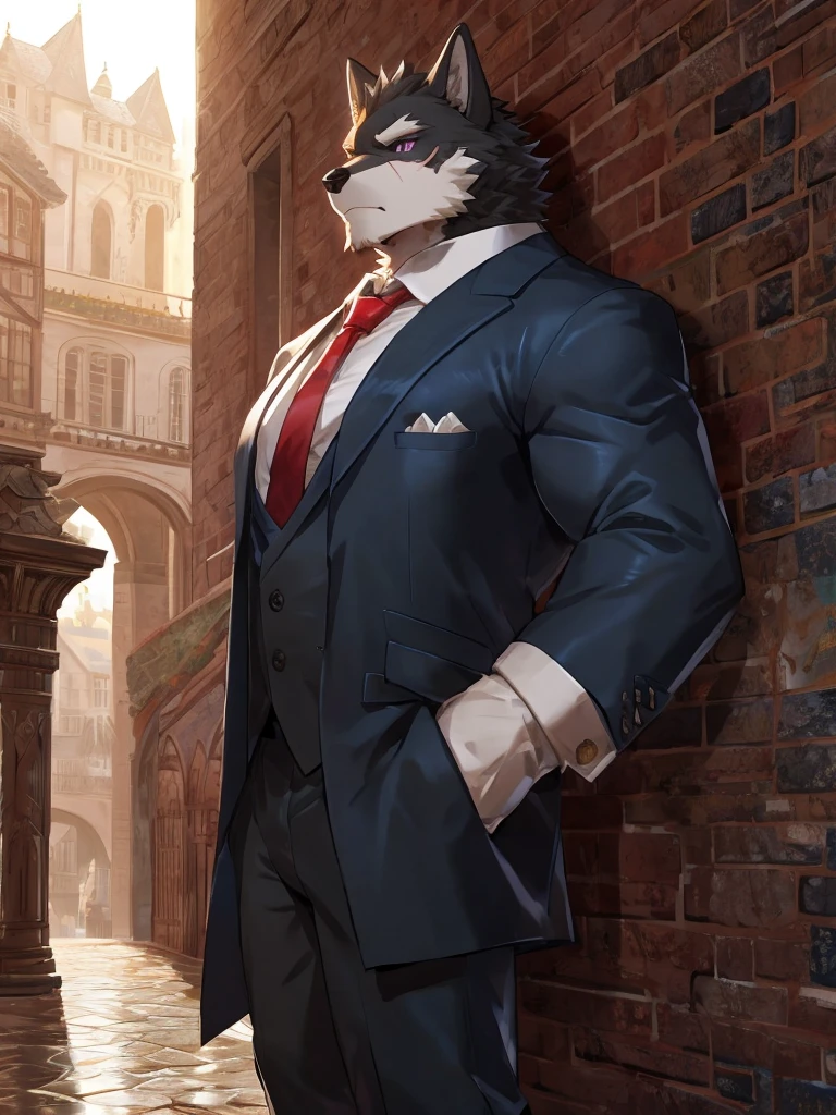 embedding:black wolf, male,purple eyes,Scar on the face, scar on the body,Single person,Smart posture, smart expression,father,Majestic, mob boss.Manor style architecture,Just got off at the gate of the manor.Tall, mature,father，A modern manor,In the courtyard,Gravel road,Serious,Handsome, silent,Maturity,The highest quality of scene detail,adult,Tall and powerful,muscle，Exquisite scenes,Best quality hands, best quality eye，detailed fur，Delicate eyes.Extreme picture quality，by sollyz,by zixiong,by milkytiger1145