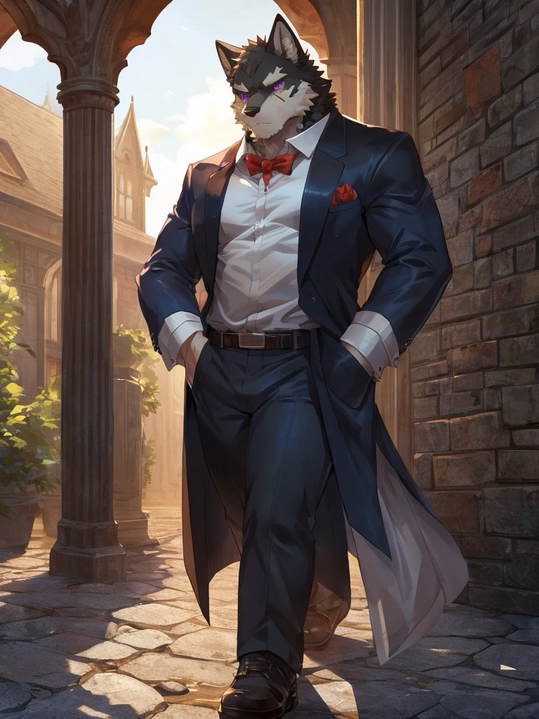 embedding:black wolf, male,purple eyes,Scar on the face, scar on the body,Single person,Smart posture, smart expression,father,Majestic, mob boss.Manor style architecture,Just got off at the gate of the manor.Tall, mature,father,A modern manor,In the courtyard,Gravel road,Serious,Handsome, silent,Maturity,The highest quality of scene detail,adult,Tall and powerful,muscle,Exquisite scenes,Best quality hands, best quality eye,detailed fur,Delicate eyes.Extreme picture quality,by sollyz,by zixiong,by milkytiger1145