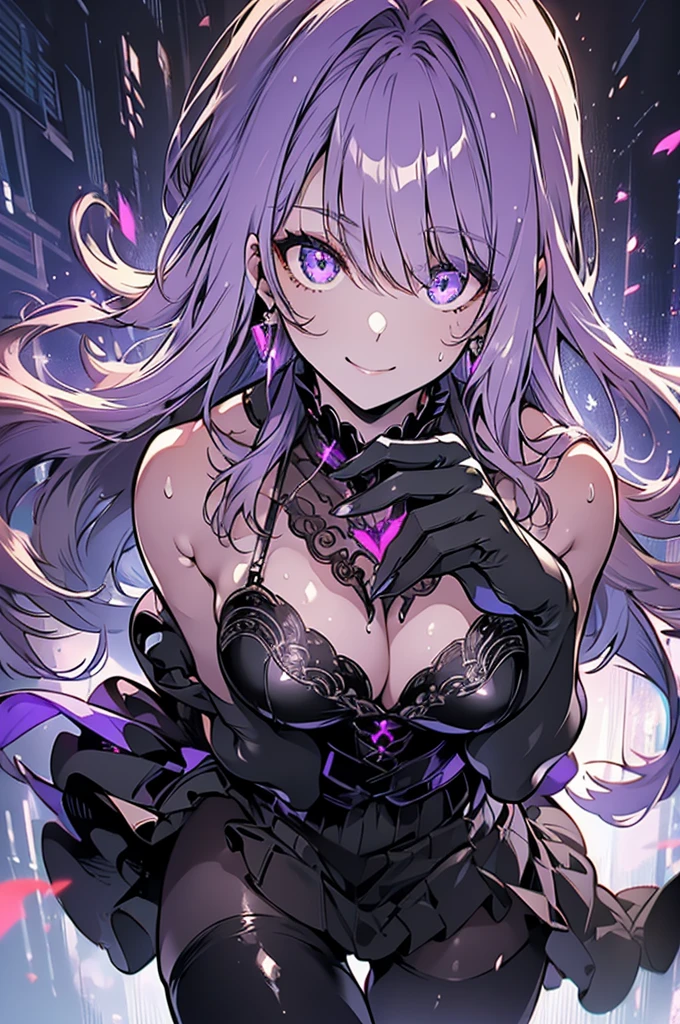 One young and beautiful woman,(Highest quality,Extremely detailed depiction,Incredible high resolution,Anatomically accurate depiction,A face with attention to detail, Eye on the details,Perfect body,Two curvaceous legs),(Succubus),(Glowing Skin,Glowing Skin,Oilskin),(Black Lingerie,corset,black tights),eyelash,eye shadow,eyeliner,mascara,High-end earrings,(Intense glowing purple eyes,Condescending gaze,Crazy Eyes,Captivating smile,Glossy Lips),Sweat,whole body,(Place your fingers on your lower chest:1.3),background:Bedroom at night