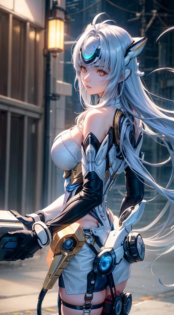 top-quality、masterpiece、超A high resolution、(Photorealsitic:1.4)、女の子1人、Light blue hair、Straight hair, shiny and clean hair、White shiny skin、Sexy Cyberpunk Girl、((super realistic details))、Shadow、octan render、ultrasharp、hyperdetailed face、Fiberglass、Luminous tube、highly intricate detail、Realistic light、CGSoation Trends、((Golden Eyes))、(Facing the camera)、neon detailechanical limbechanical vertebrae attached to the back、mechanical cervical attaching to neck、Wires and cables connecting to the head、((valkyrie))、((Beam Cannon))、Combat stance