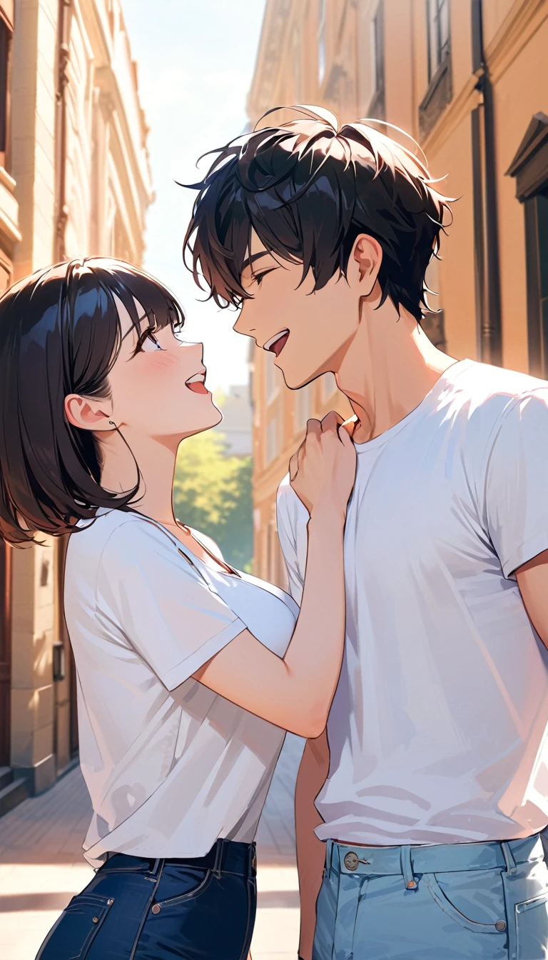 super detail, best quality, under the summer sun, a college couple, a man and a woman, are facing each other and laughing happily in front of the university. 「 The man has short black hair, wears a white T-shirt and blue jeans.」「 The woman has a dark brown short bob haircut, wears a light blue blouse and white pants. 」 The background shows the university building.