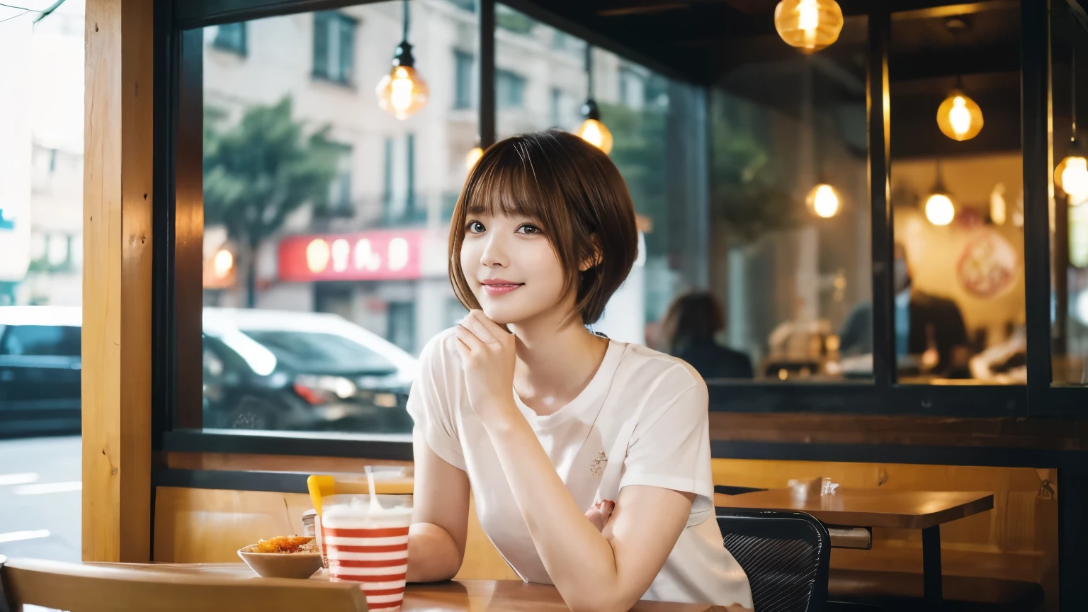 super high quality, smile, Slenderのネックレス, Slender, The staff is working at the counter in the back., (8k、RAW Photos、Highest quality、masterpiece:1.2), Japanese Idol, Stylish café, (Realistic、Photorealistic:1.37), Mesh Hair, Urban Cafe, Golden Ratio, Raw photo, Cute face , Light Brown Hair, Small breasts, Bright cafe interior, Blurred Background, Summer clothes, Cafe Terrace, Open Cafe, Photographed inside the cafe, Hair blowing in the wind, boyish, T-Shirts, Very Short Hair, 18-year-old, 
