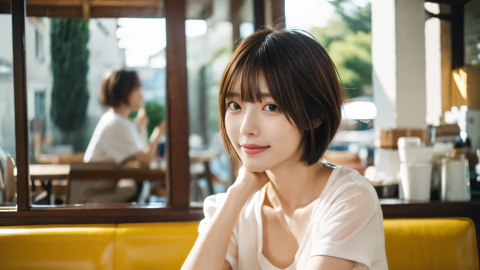 super high quality, smile, Slenderのネックレス, Slender, The staff is working at the counter in the back., (8k、RAW Photos、Highest quality、masterpiece:1.2), Japanese Idol, Stylish café, (Realistic、Photorealistic:1.37), Mesh Hair, Urban Cafe, Golden Ratio, Raw photo, Cute face , Light Brown Hair, Small breasts, Bright cafe interior, Blurred Background, Summer clothes, Cafe Terrace, Open Cafe, Photographed inside the cafe, Hair blowing in the wind, boyish, T-Shirts, Very Short Hair, 18-year-old,