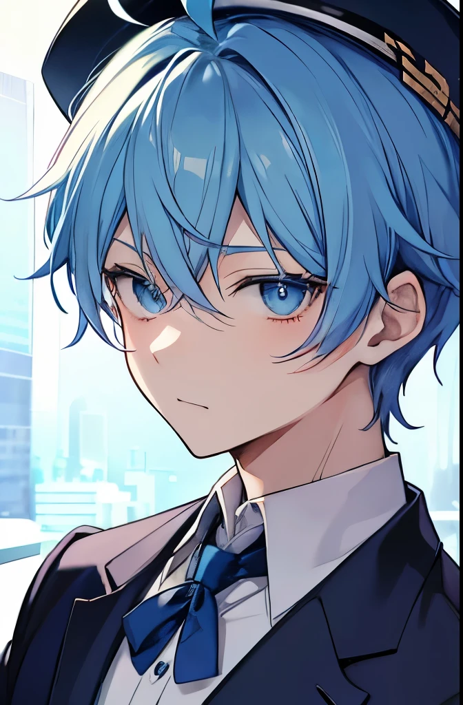 impatient face、Cheeks turn red.、Wore a suit、Ahoge、alone、He is wearing a little blue hat、focus on face、short blue hair、Side hair that does not go beyond the ears, young anime man, Animation Moe Artstyle, inspired by Okumura Masanobu, inspired by Okumura Togyu