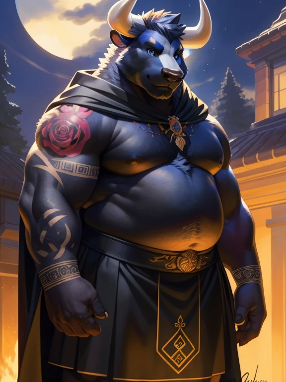 solo, anthro, furry, furry male, bull,((short fur,furry, smooth fur, dark fur)), (floral rose garden tattooed arms, floral rose garden tattooed torso), black pupils, white sclera, black body, black fur, dark blue eye, tail, horns, detailed  fur, detailed face, detailed eyes, bare chest, (black cloak, black kilt), art temple, (by null-ghost,by raccoon21, masterpiece, high quality, hi-res, 8k, hd, half-light, warm lighting), standing,close-view portrait, looking at viewer, night, stoic expression, arrogant, Fat male bull, fat, fat belly, fat thighs, fat arms, lovehandles, bull horns,  full sleeve tattoos on both arms, torso covered in tattoos, spiky hair, mid 40s, cloak, no shirt, kilt, posing for a painting, smaller rabbit painter